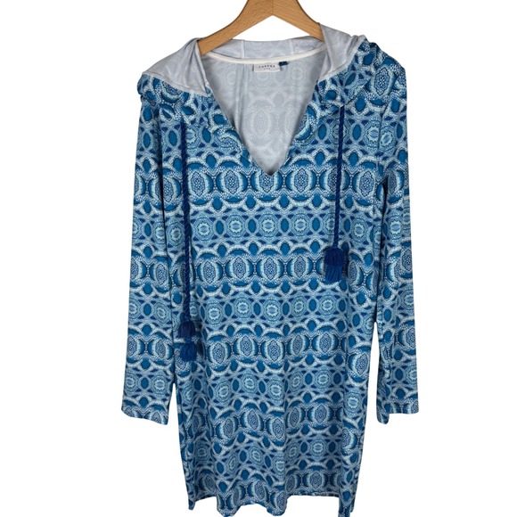 Cabana Life Other - Cabana Life Blue Geometric Tile Hooded Swim Cover Up Dress Womens L Tassel
